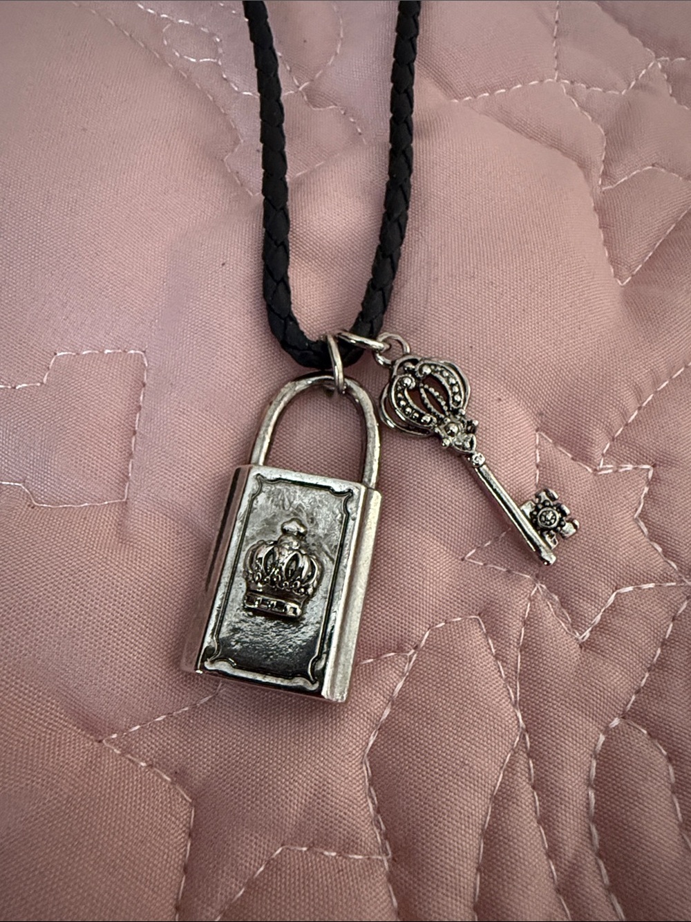 Black Braided Cord Necklace with Silver Lock & Key Pendant